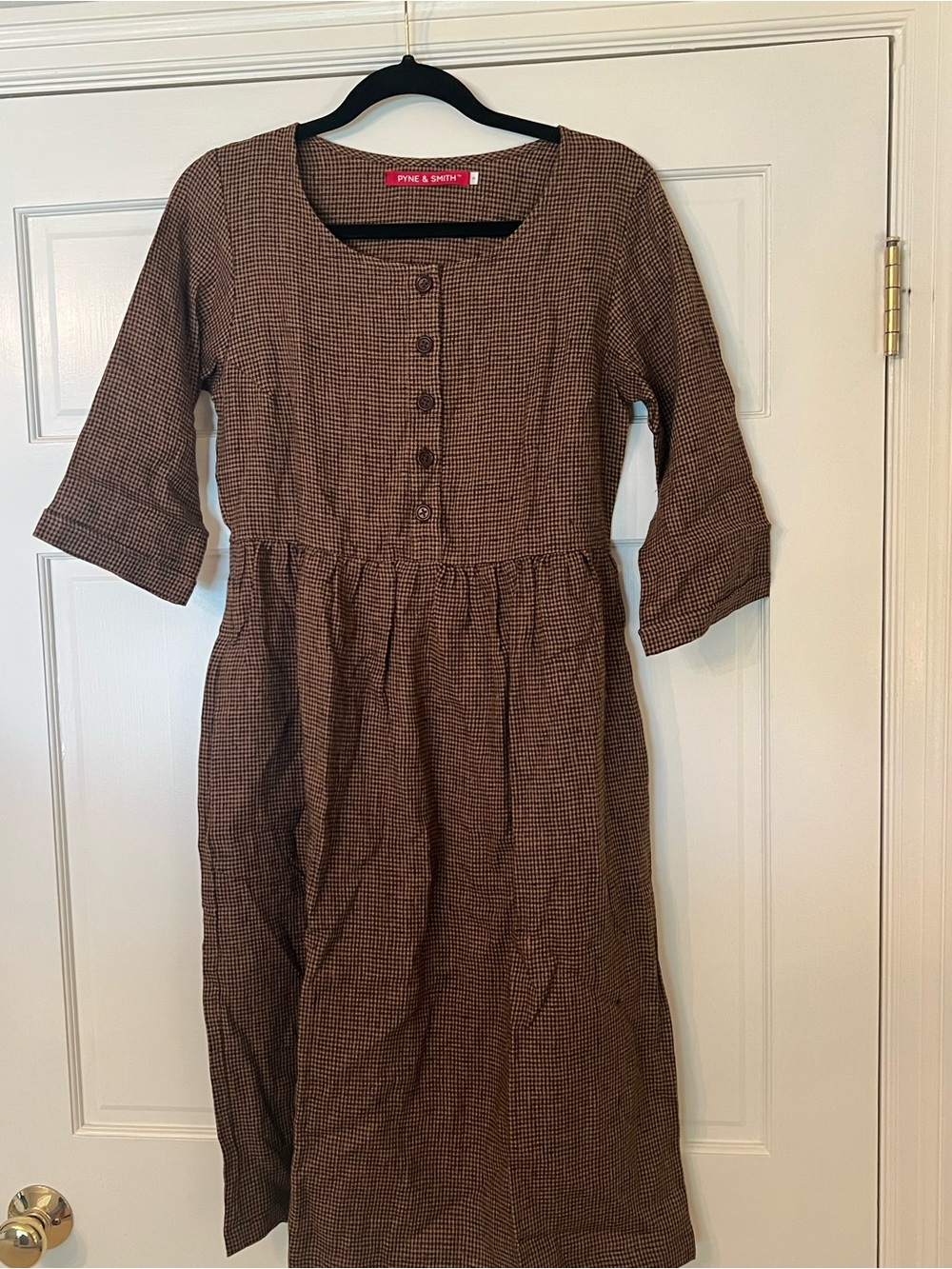 Pyne & Smith No. 12 Brown Checked Linen Midi Dress with Button Front